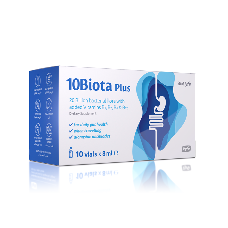 10Biota Plus probiotic supplement for gut health and digestion, with 10 probiotic strains and immune-boosting benefits.