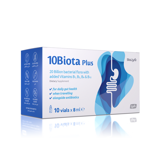10Biota Plus probiotic supplement for gut health and digestion, with 10 probiotic strains and immune-boosting benefits.