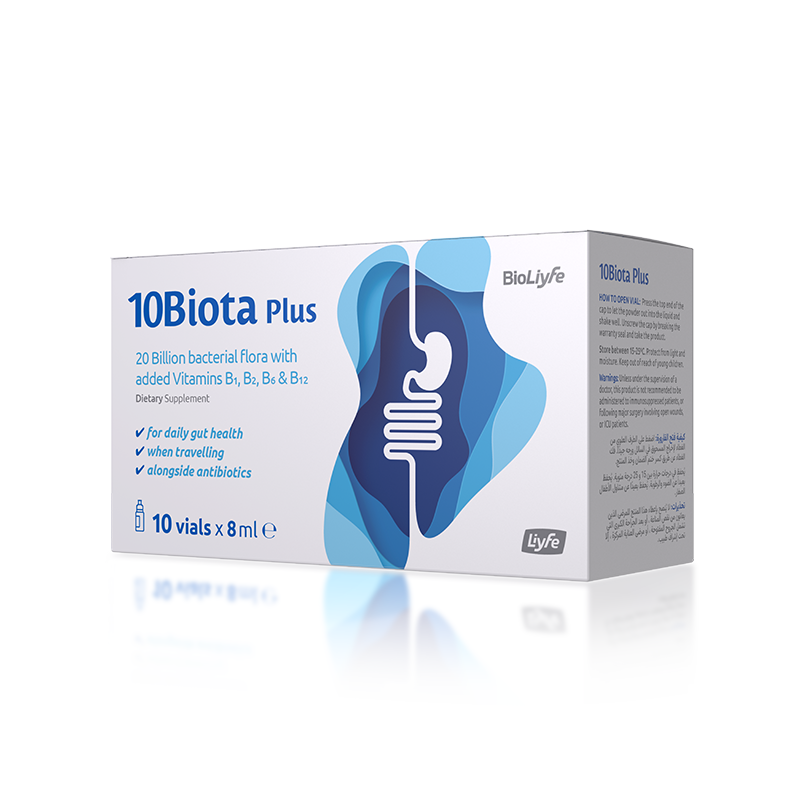 10Biota Plus pack shot highlighting for daily gut health, when travelling and alongside antibiotics.