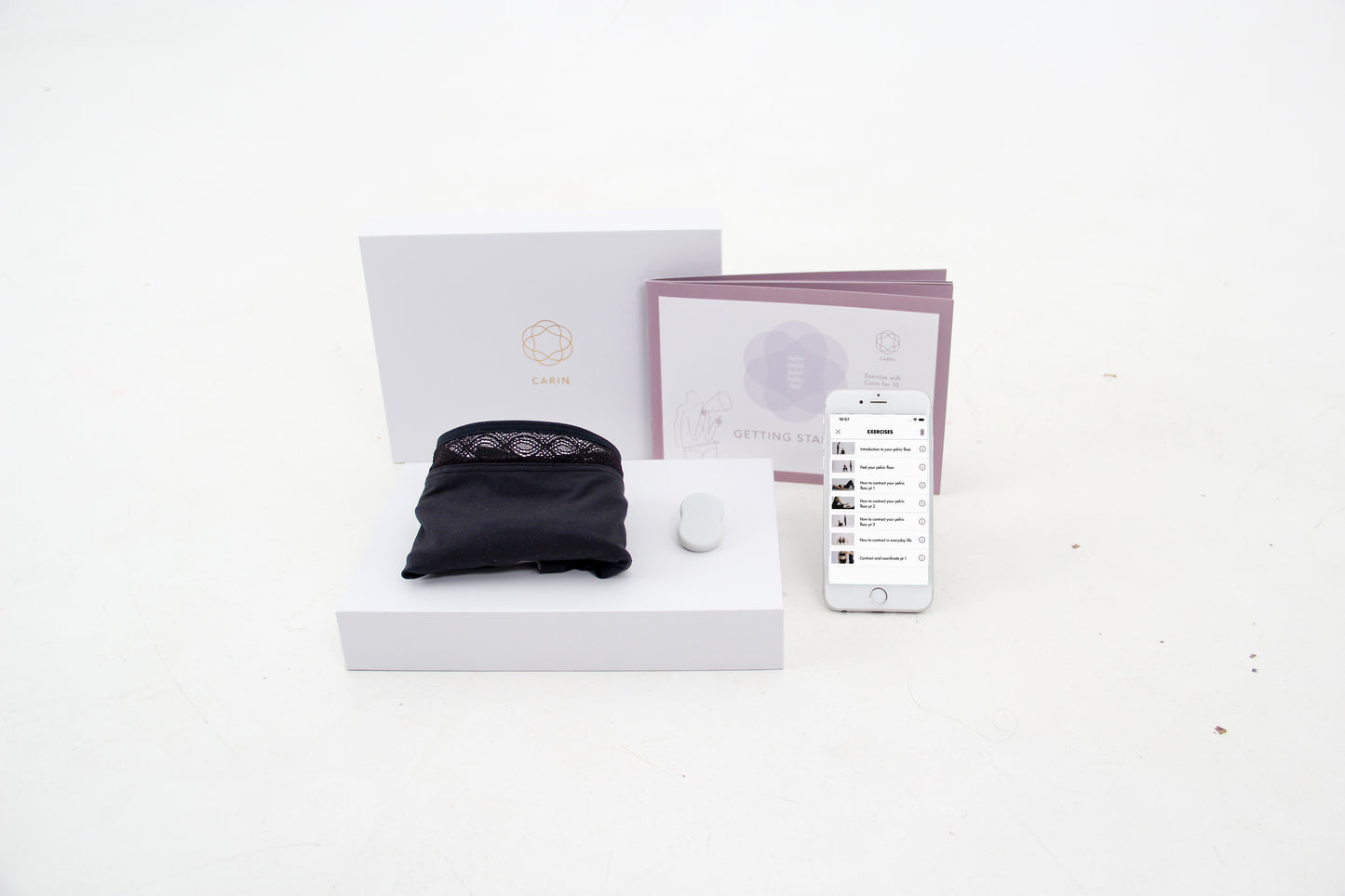 Carin pelvic floor training set with app and sensor for strengthening pelvic muscles and reducing urinary incontinence in women.