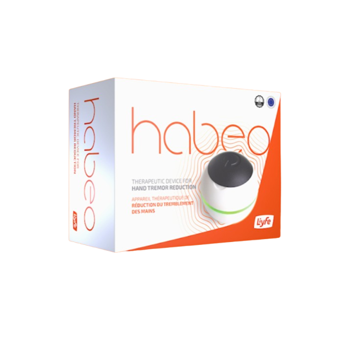 Habeo handheld device for essential tremor relief, using non-invasive neuromodulation therapy to reduce hand tremors, packshot right.