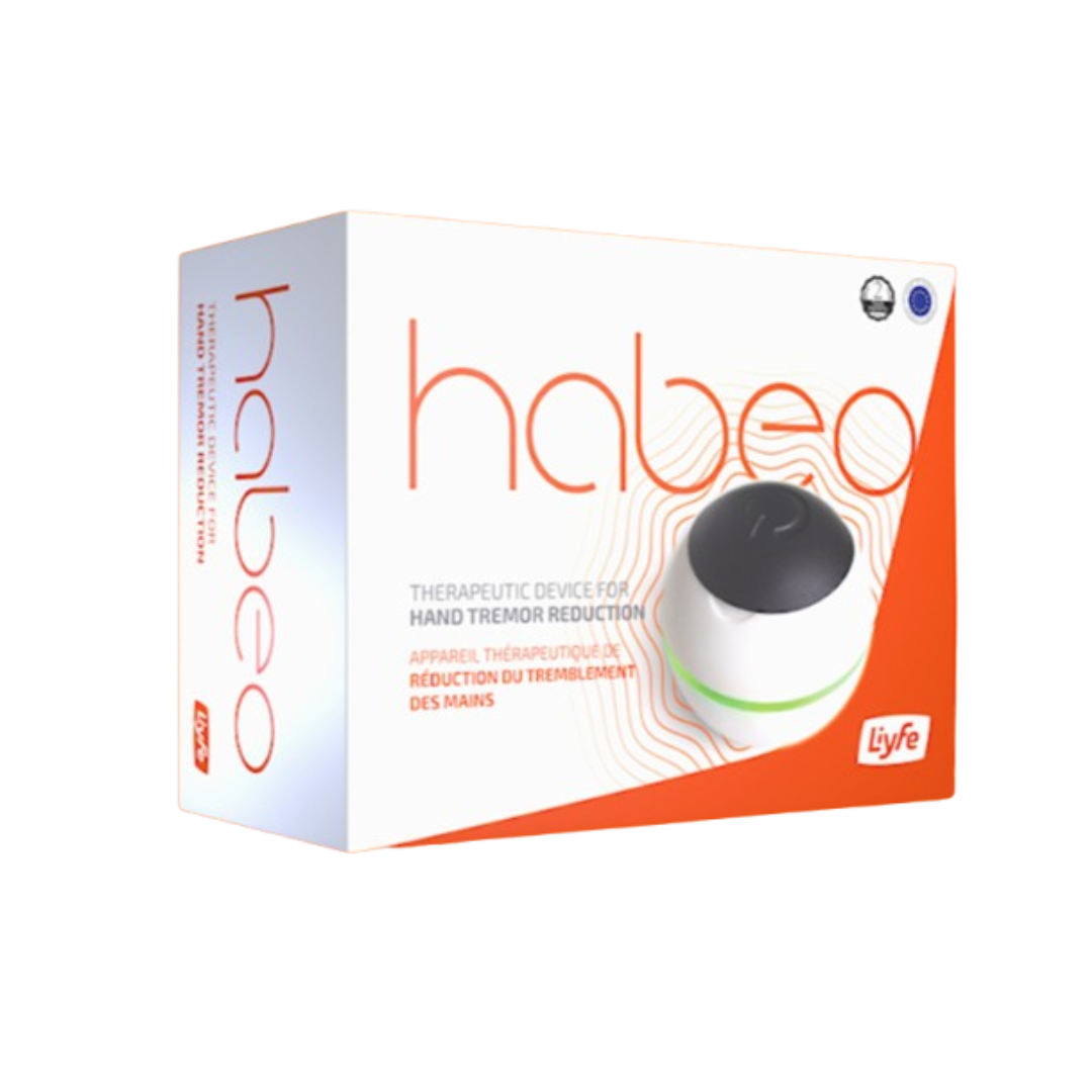 Habeo handheld device for essential tremor relief, using non-invasive neuromodulation therapy to reduce hand tremors, packshot left.